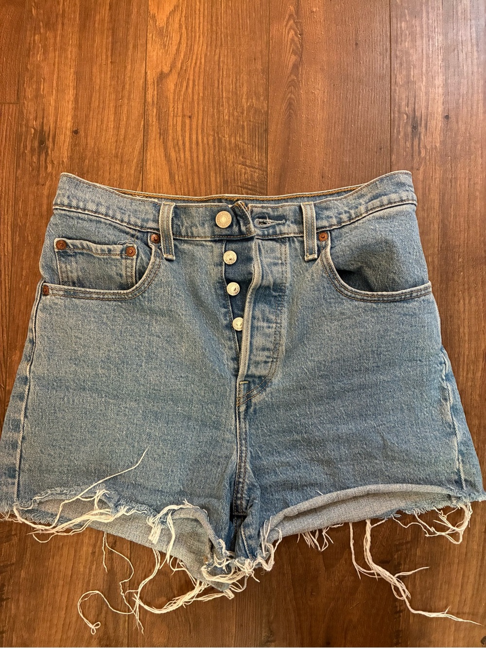 Levi’s Ribcage High-Waist Distressed Denim Shorts - Light Blue